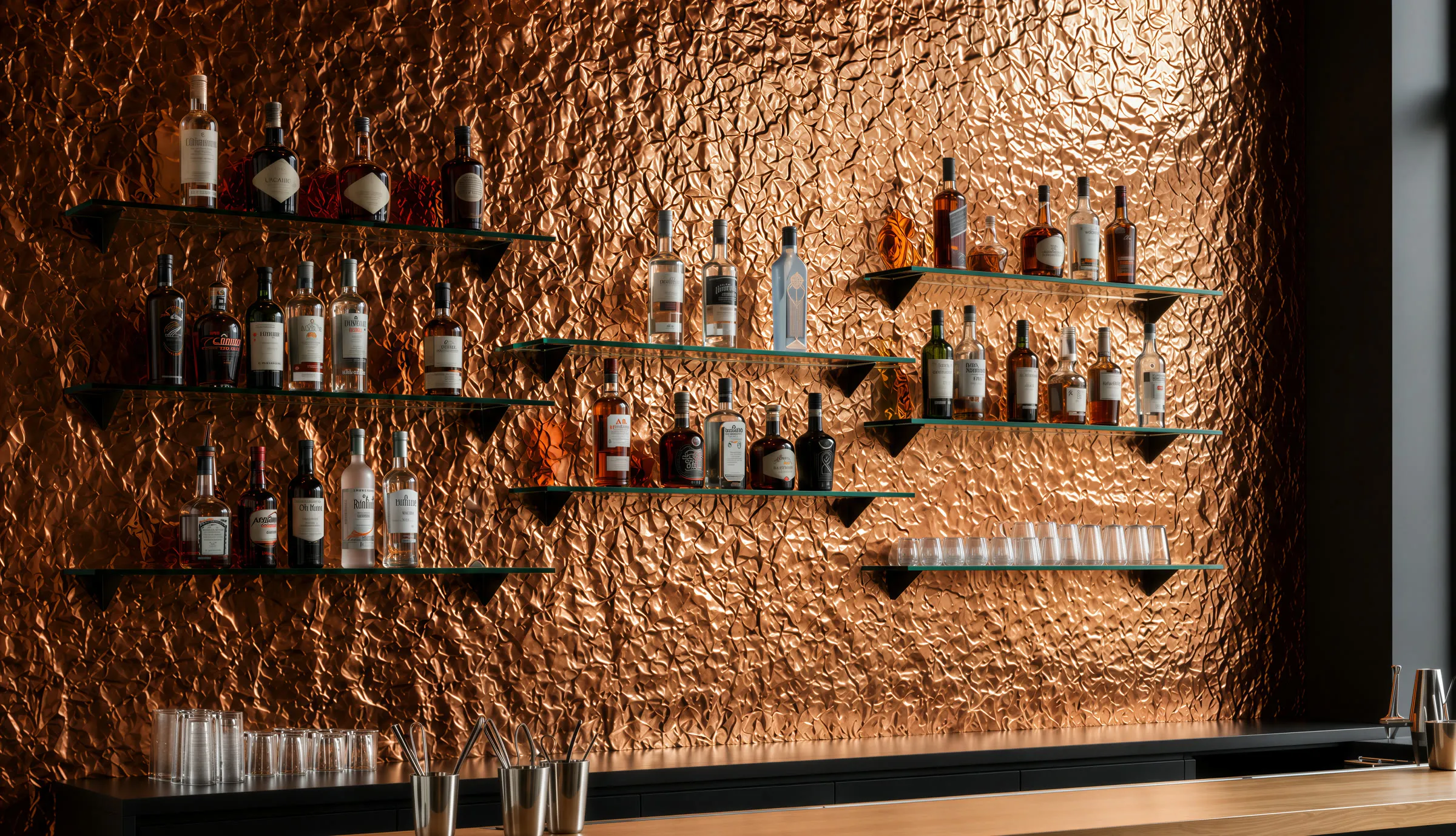 Form'it formable material shaped into a scrunched copper wall behind a bar installation